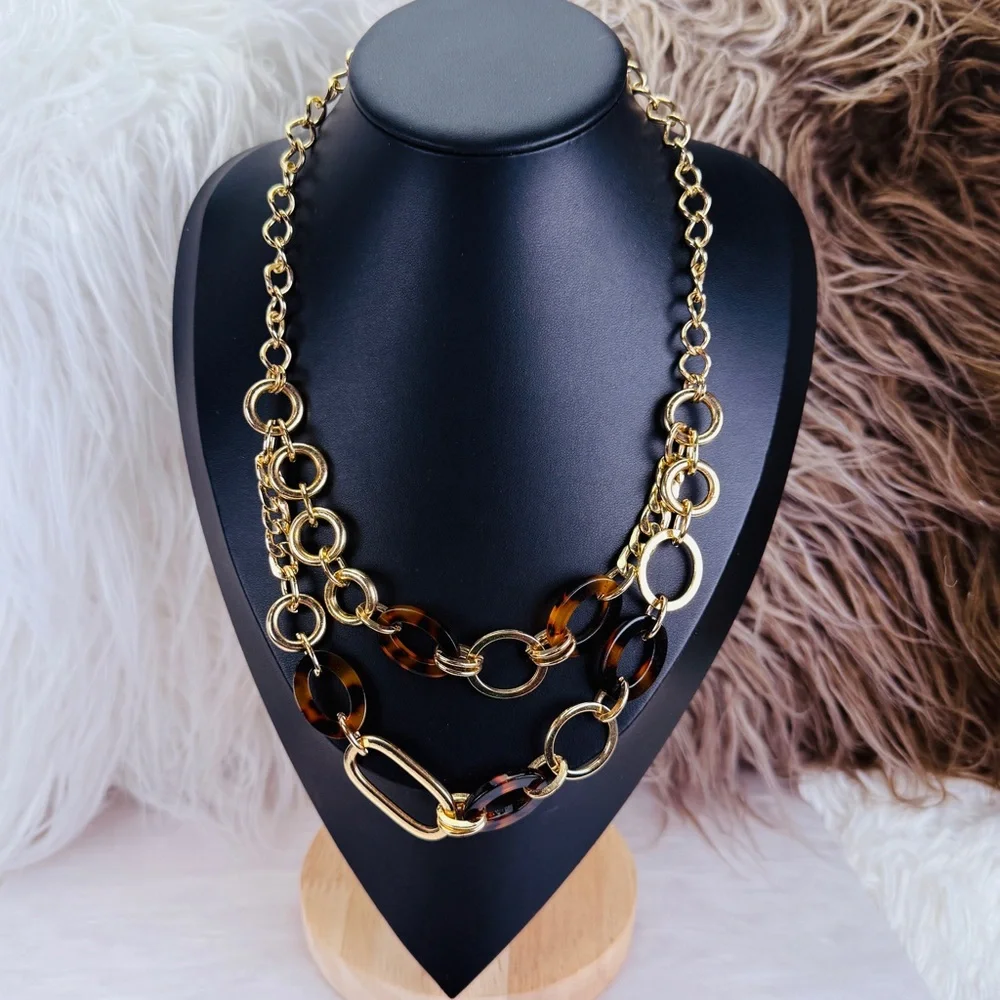 Beautiful goldtone brown double chain necklace